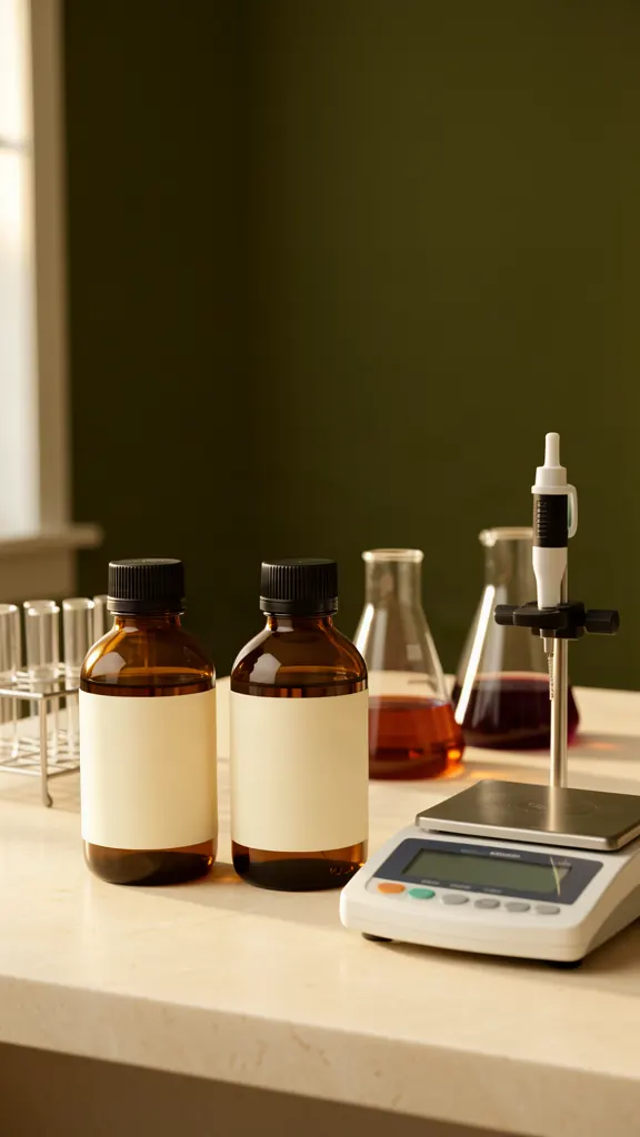 Amber research-material bottles, glass laboratory vessels and an analytical balance